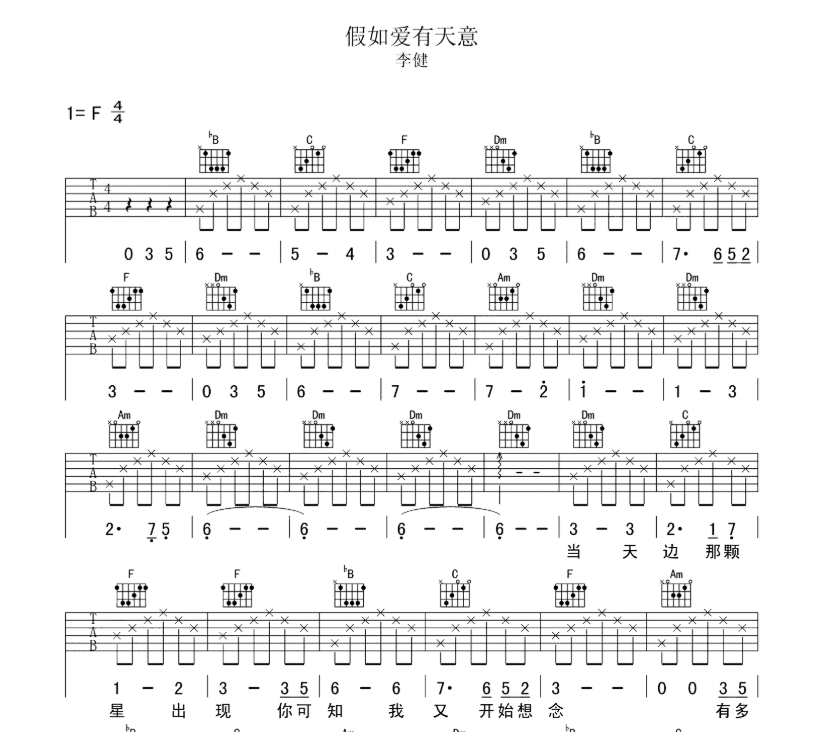 《假如爱有天意吉他谱》_李健_F调_吉他图片谱6张 图1