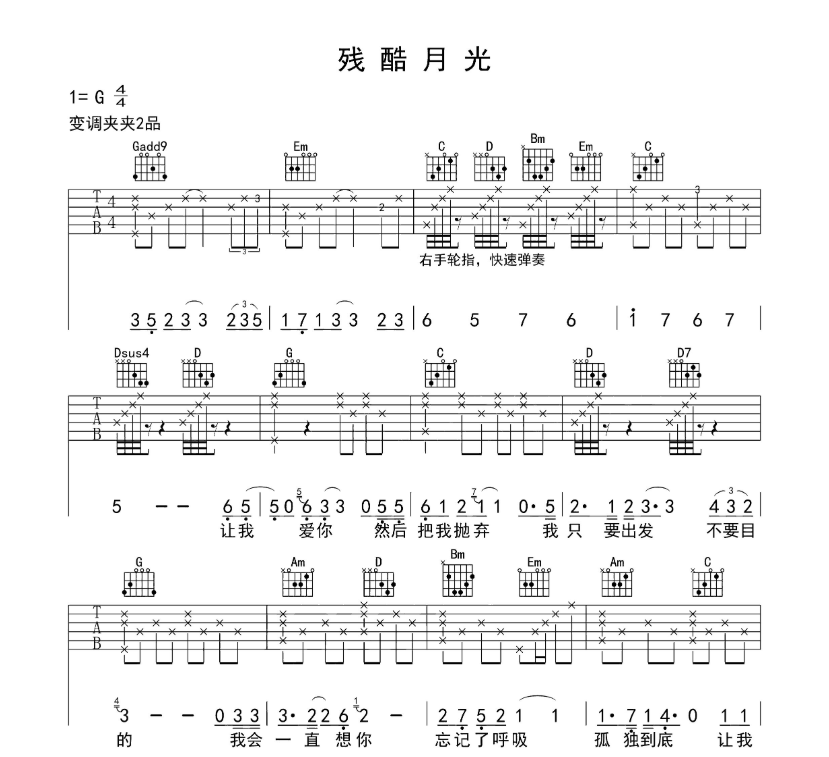 《残酷月光吉他谱》_林宥嘉_G调_吉他图片谱4张 图1