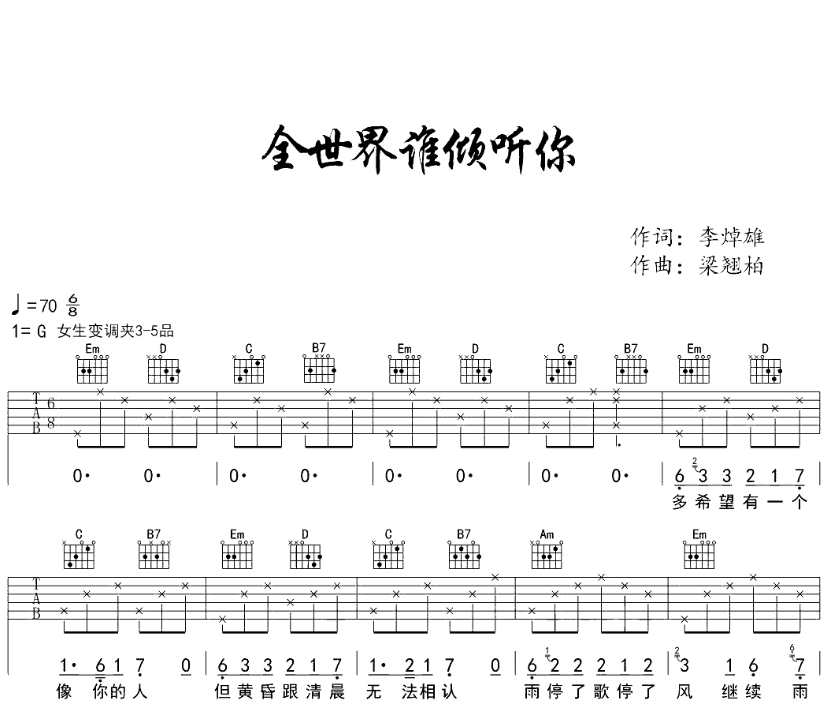 《全世界谁倾听你吉他谱》_林宥嘉_G调_吉他图片谱6张 图1