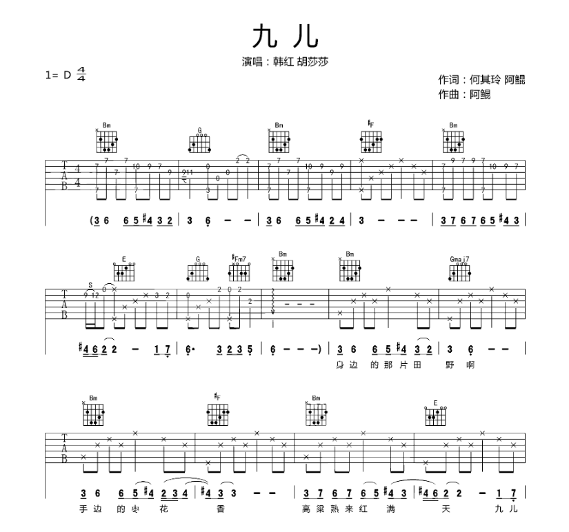 《九儿吉他谱》_胡莎莎_D调_吉他图片谱4张 图1