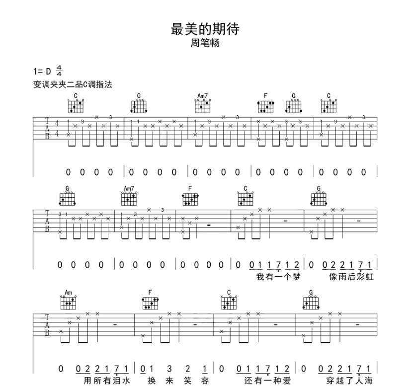 《最美的期待吉他谱》_周笔畅_D调_吉他图片谱6张 图1