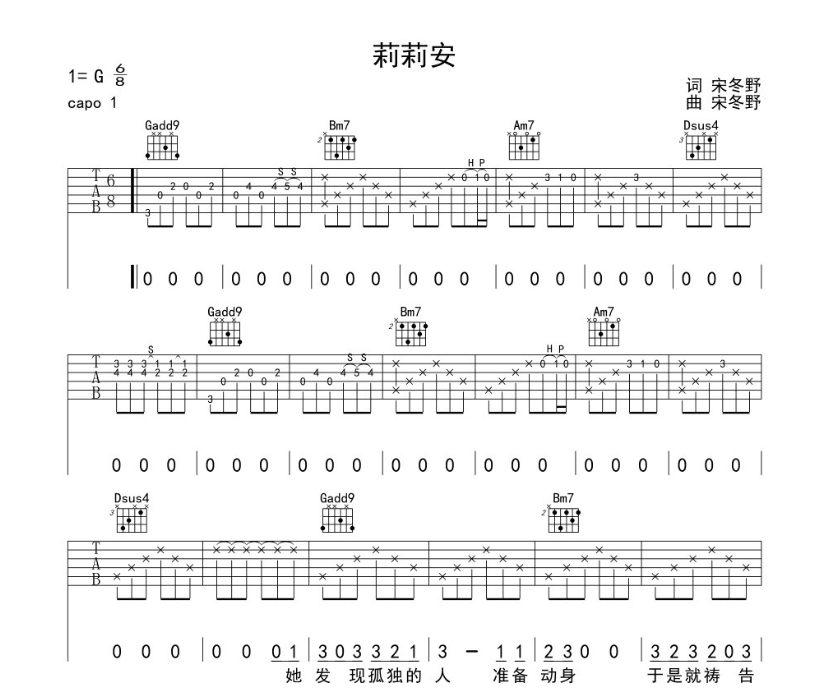 《莉莉安吉他谱》_宋冬野_G调_吉他图片谱5张 图1