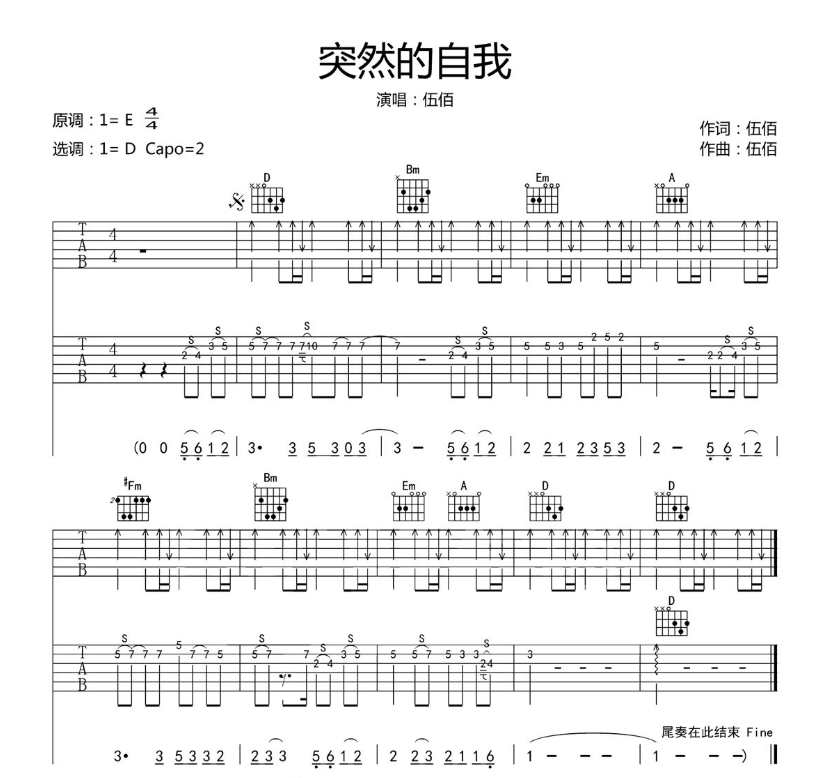 《突然的自我吉他谱》_伍佰_E调_吉他图片谱6张 图1