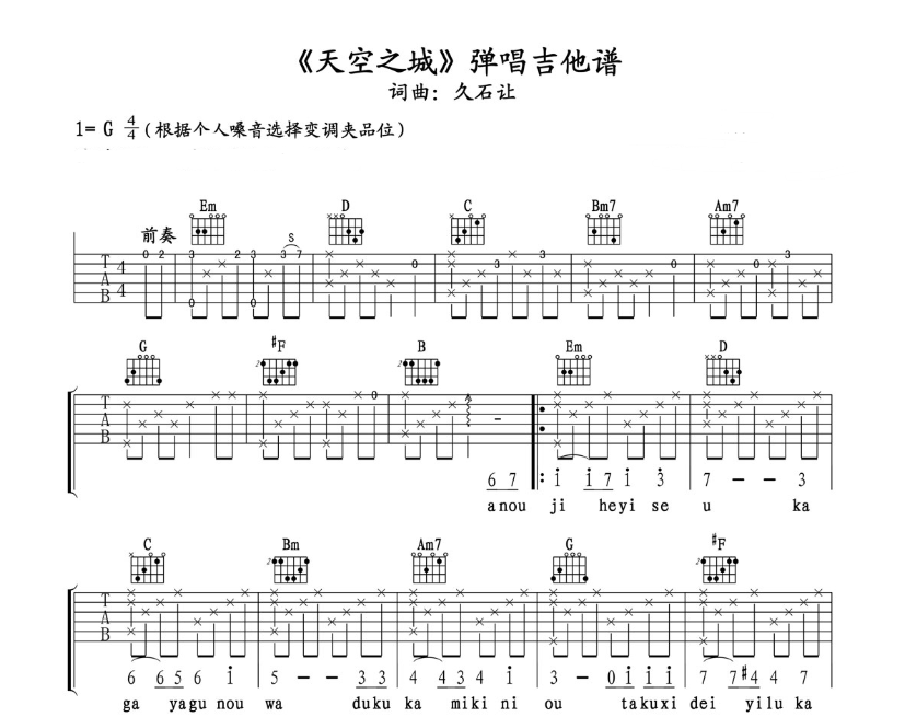 《天空之城吉他谱》_久石让_G调_吉他图片谱4张 图1