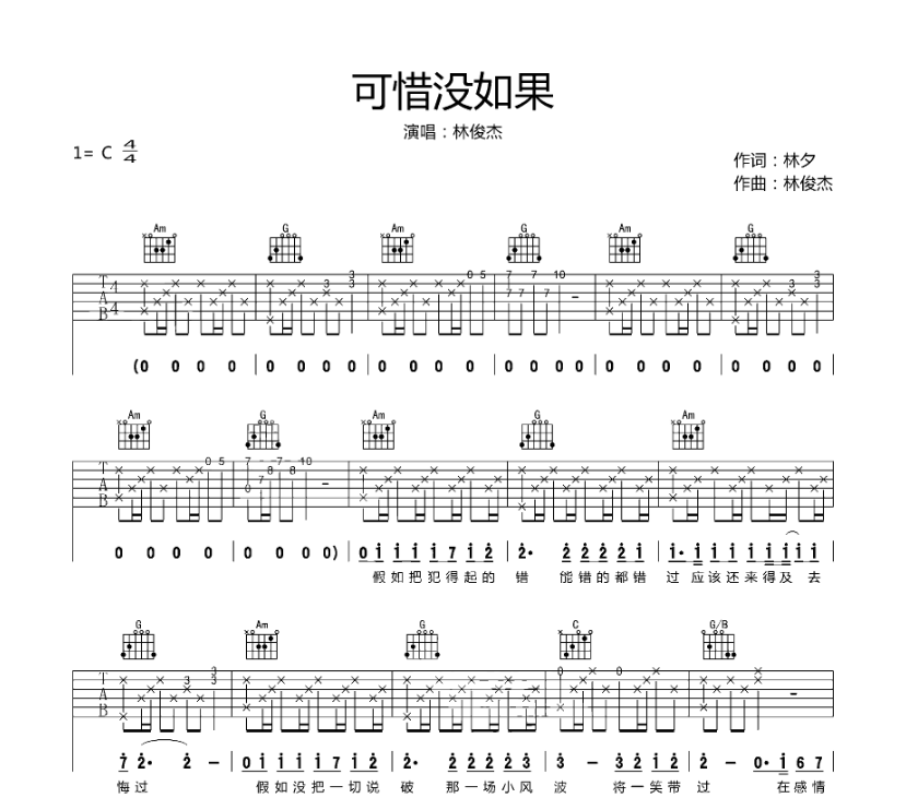 《可惜没如果吉他谱》_林俊杰_C调_吉他图片谱6张 图1