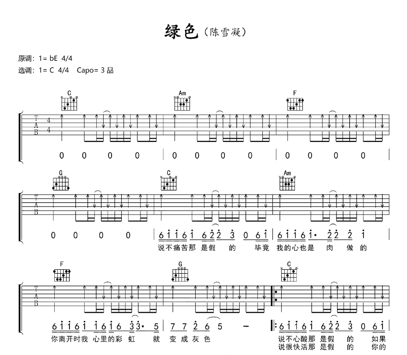 《绿色吉他谱》_陈雪凝_B调_吉他图片谱3张 图1