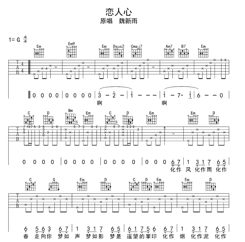 当前恋人心吉他谱共有高清图片谱6张,采用g调指法弹奏         ;歌词