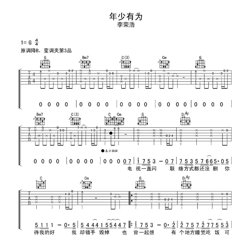 《年少有为吉他谱》_李荣浩_G调_吉他图片谱6张 图1