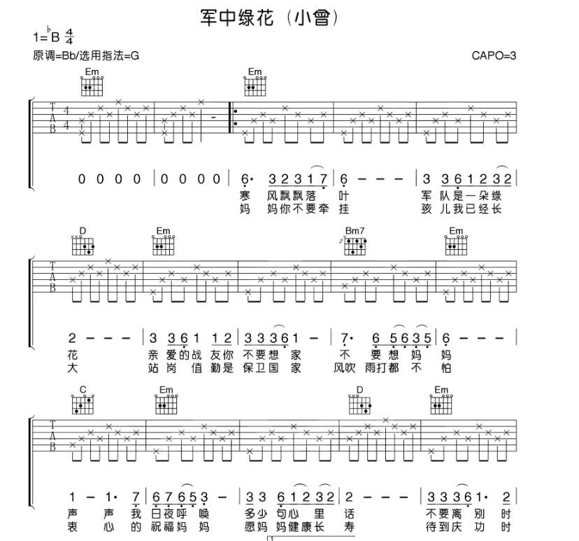 《军中绿花吉他谱》_小曾_B调_吉他图片谱5张 图1