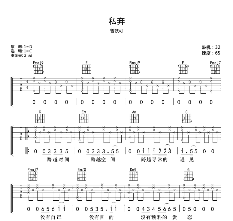 《私奔吉他谱》_曾轶可_D调_吉他图片谱5张 图1