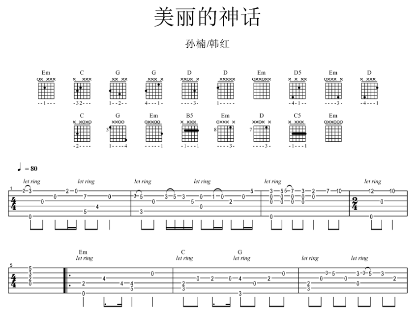 《美丽的神话吉他谱》_孙楠、韩红_吉他图片谱3张 图1