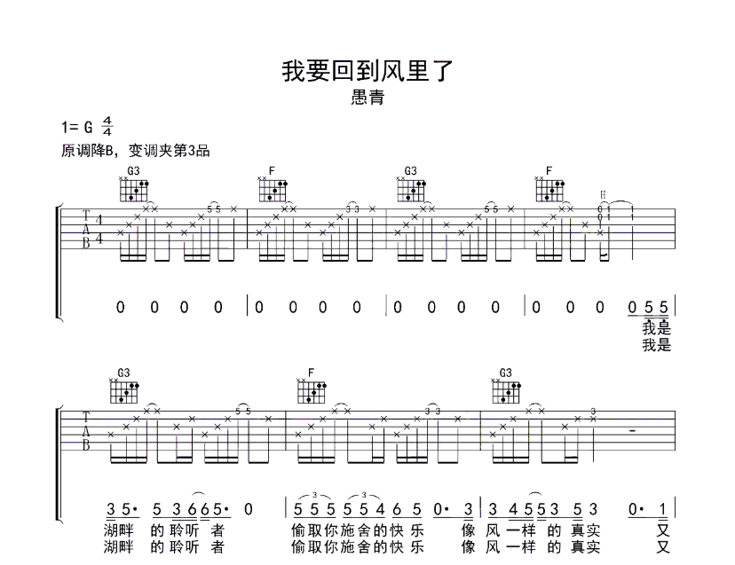 《我要回到风里了吉他谱》_愚青_G调_吉他图片谱4张 图1