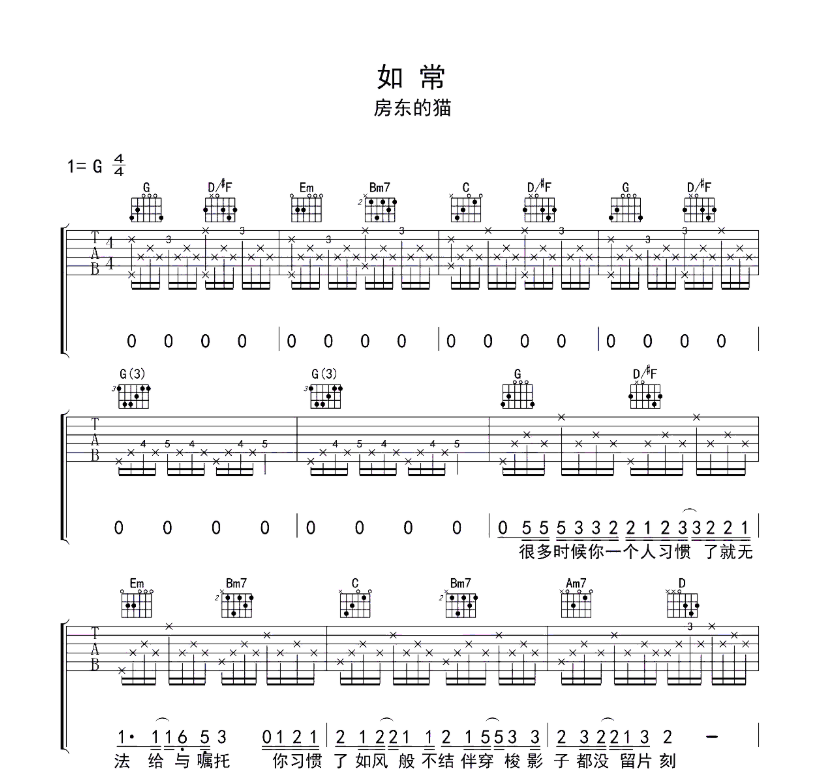 《如常吉他谱》_房东的猫_G调_吉他图片谱8张 图1