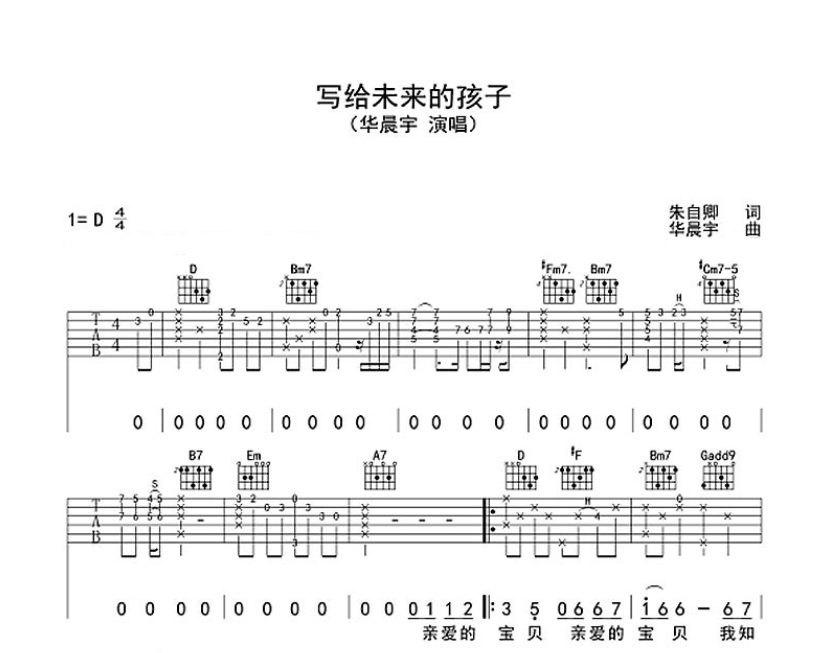 《写给未来的孩子吉他谱》_华晨宇_D调_吉他图片谱6张 图1