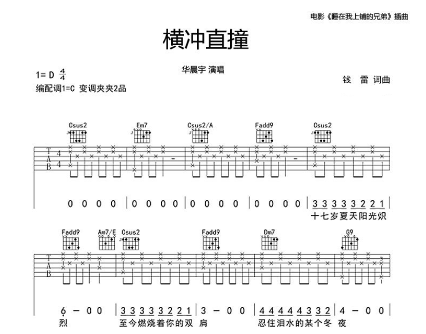 《横冲直撞吉他谱》_华晨宇_D调_吉他图片谱5张 图1