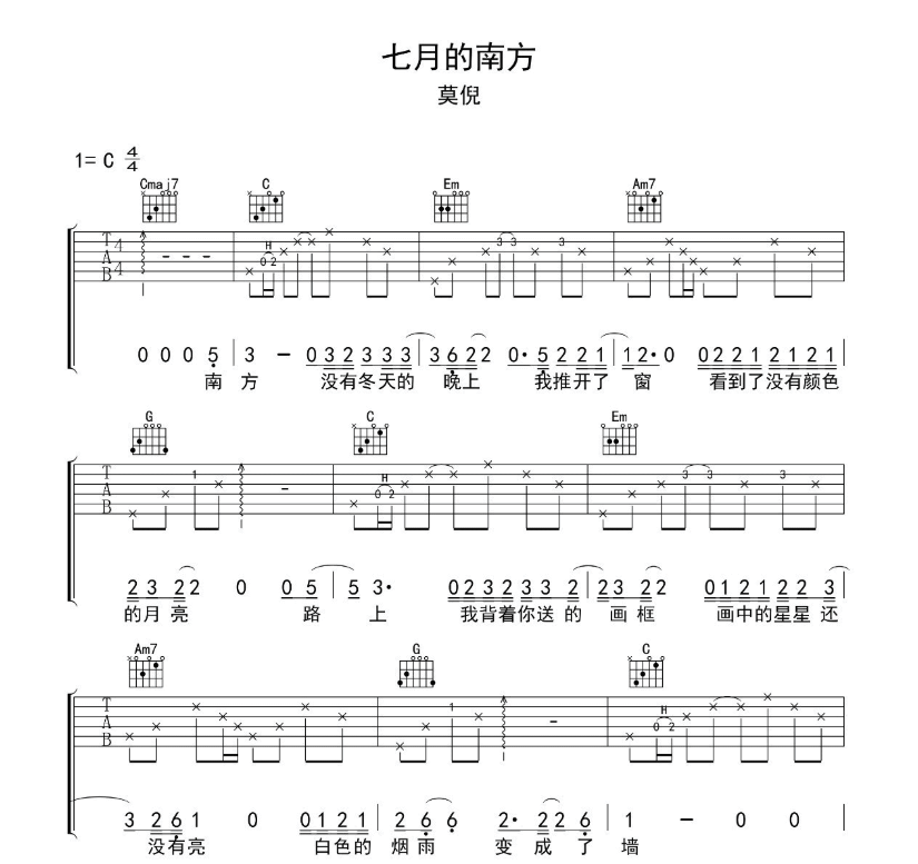 《七月的南方吉他谱》_莫倪moni_吉他图片谱6张 图1