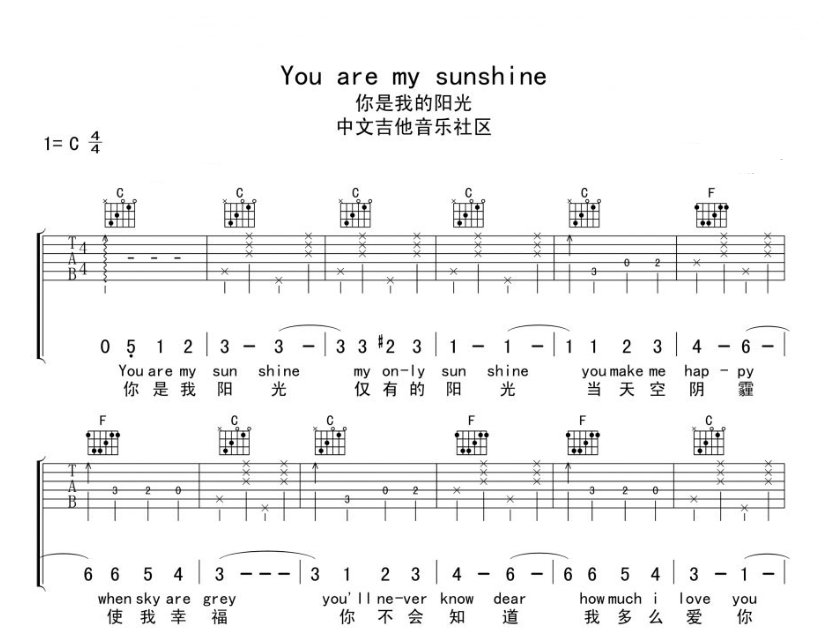 《You are my sunshine吉他谱》_张靓颖_吉他图片谱2张 图1