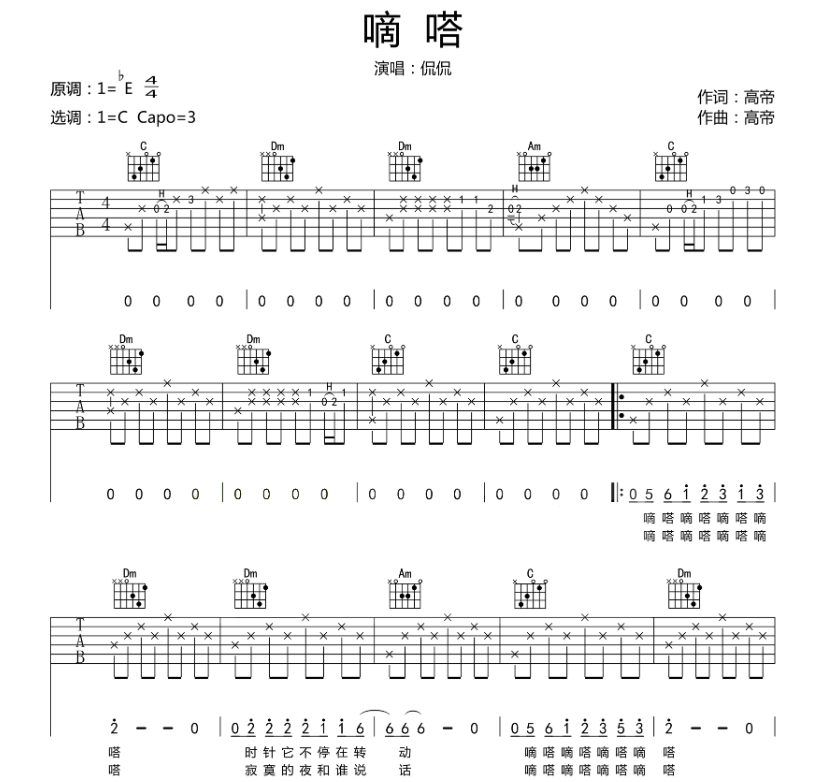 《嘀嗒吉他谱》_侃侃_C调_吉他图片谱4张 图1