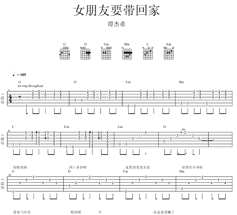 《女朋友要带回家吉他谱》_谭杰希_吉他图片谱4张 图1