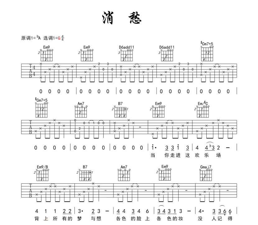 《消愁吉他谱》_毛不易_A调_吉他图片谱4张 图1