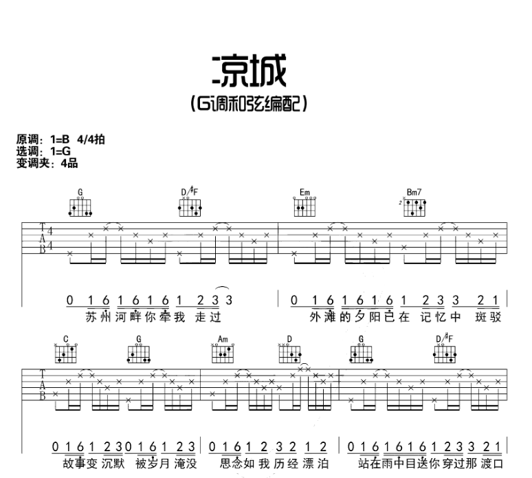 《凉城吉他谱》_任然_B调_吉他图片谱6张 图1