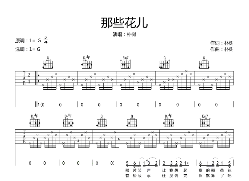 《那些花儿吉他谱》_朴树_G调_吉他图片谱6张 图1