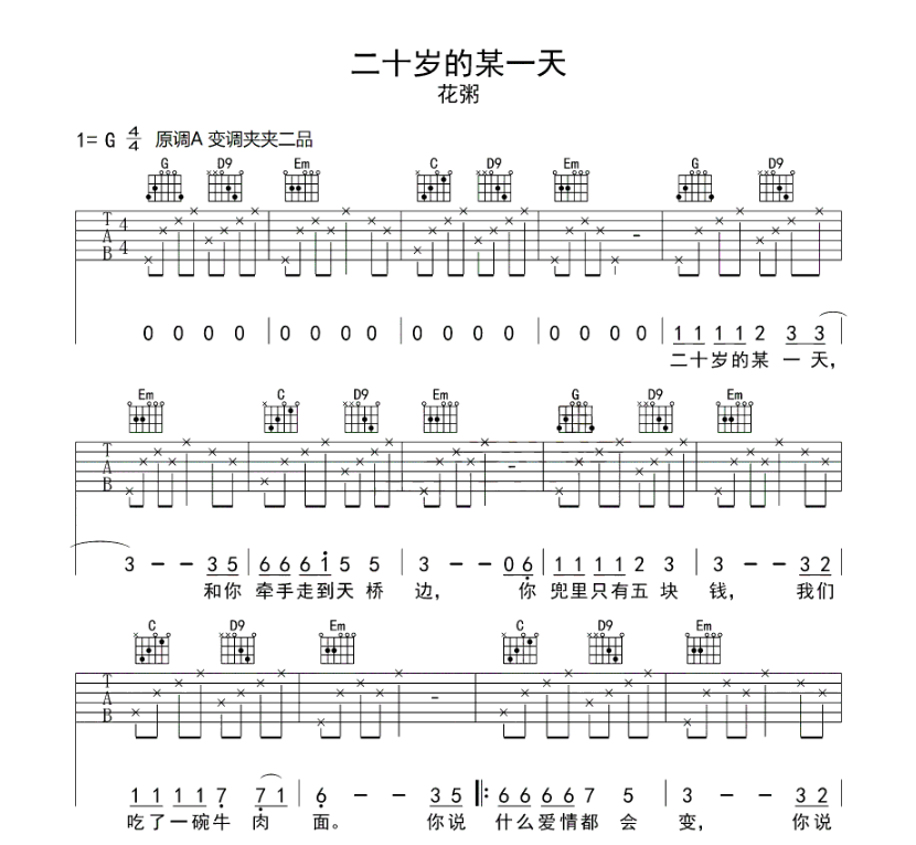 《二十岁的某一天吉他谱》_花粥_G调_吉他图片谱6张 图1