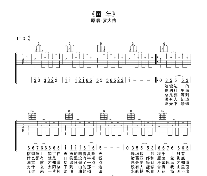 《童年吉他谱》_罗大佑_G调_吉他图片谱3张 图1