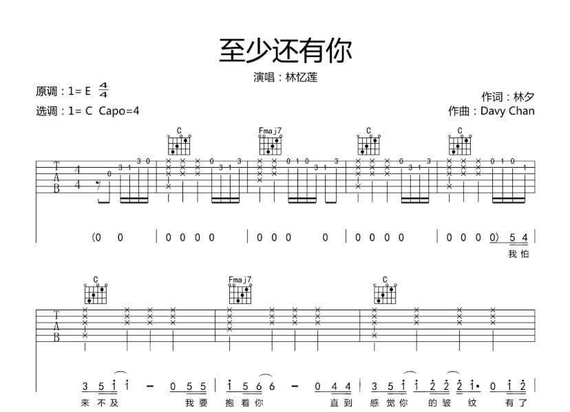 《至少还有你吉他谱》_林忆莲_E调_吉他图片谱6张 图1