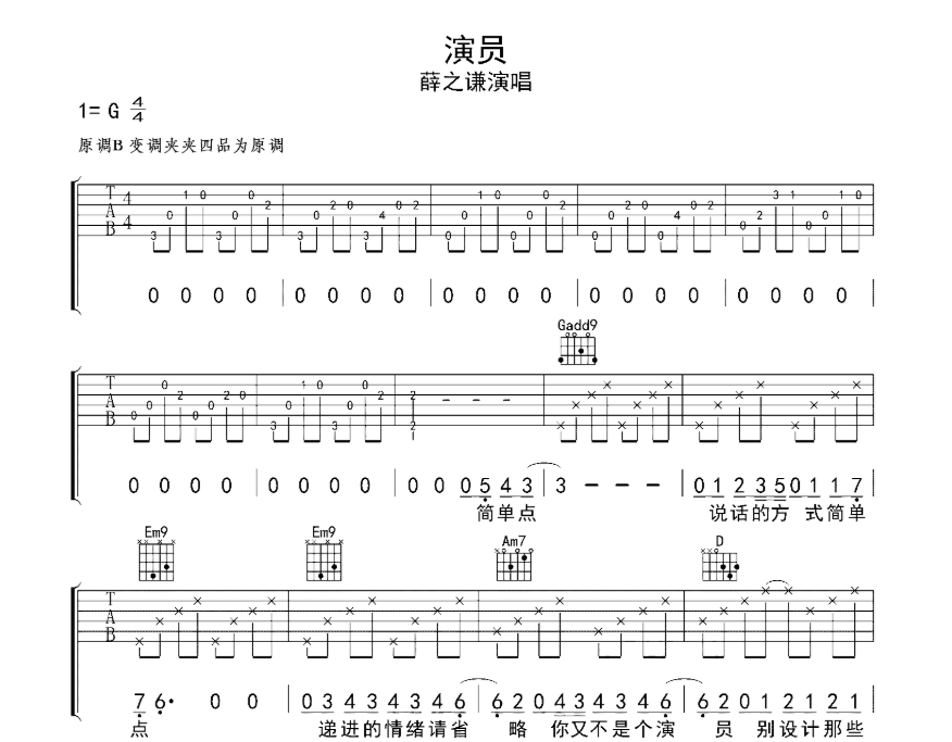 《演员吉他谱》_薛之谦_G调_吉他图片谱5张 图1