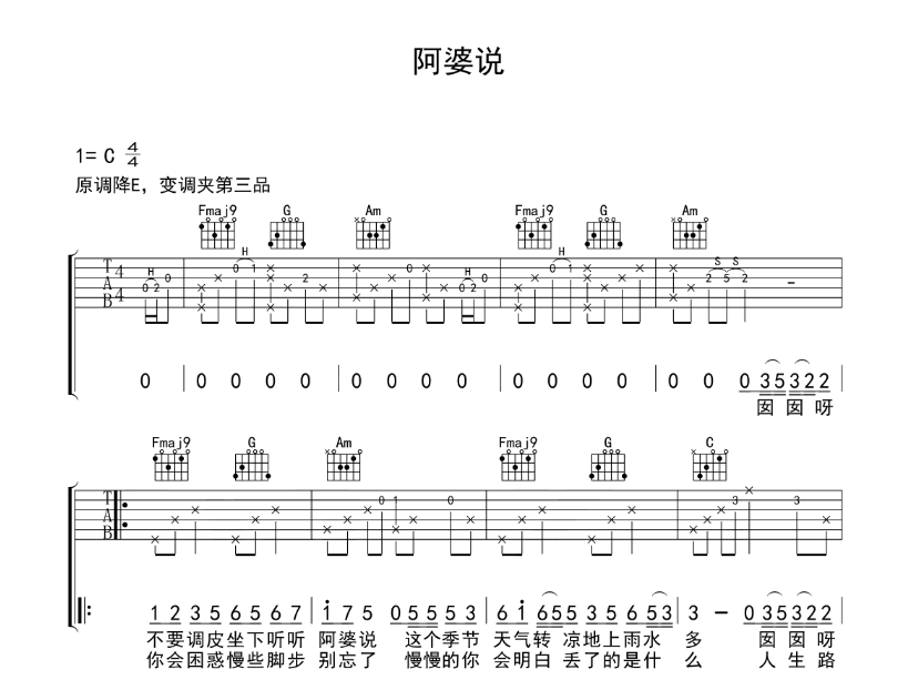 《阿婆说吉他谱》_暗杠_吉他图片谱6张 图1