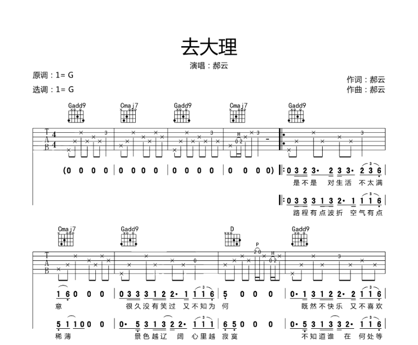 《去大理吉他谱》_郝云_G调_吉他图片谱4张 图1