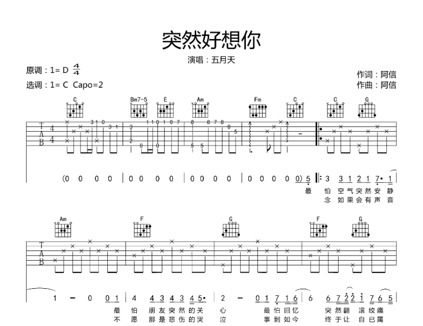 《突然好想你吉他谱》_五月天_D调_吉他图片谱6张 图1