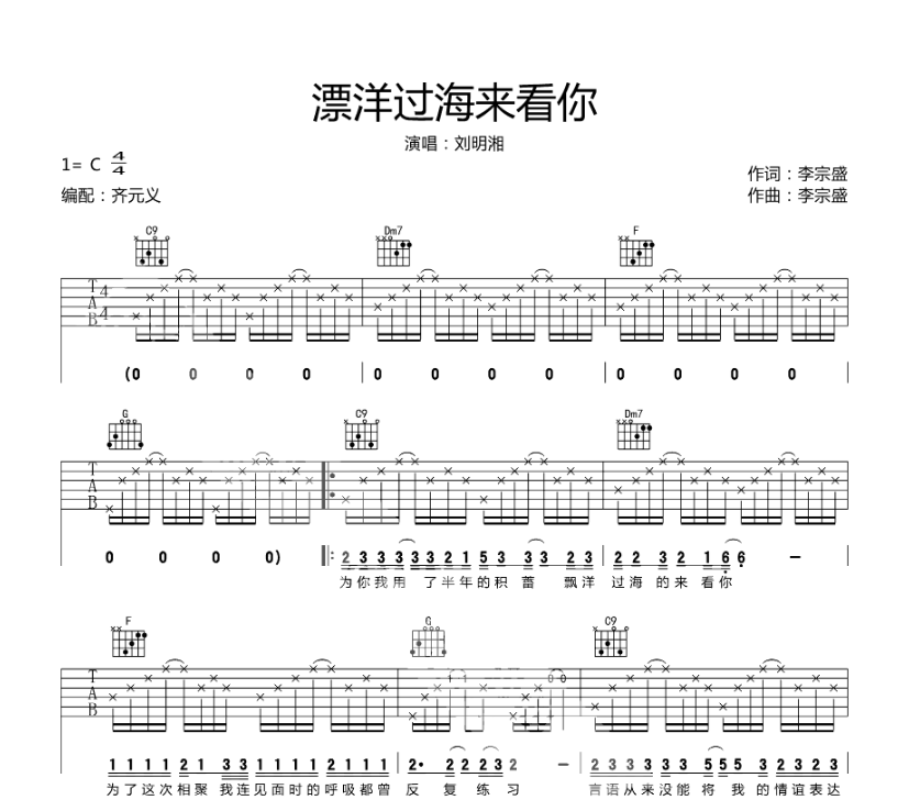 《漂洋过海来看你吉他谱》_刘明湘_C调_吉他图片谱4张 图1