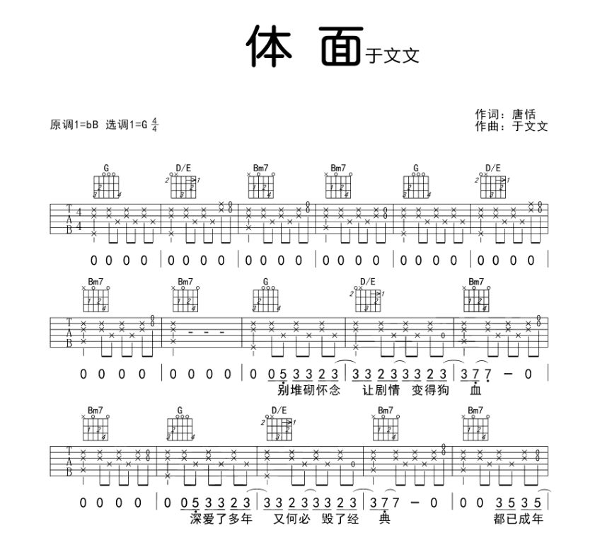 《体面吉他谱》_于文文_B调_吉他图片谱4张 图1