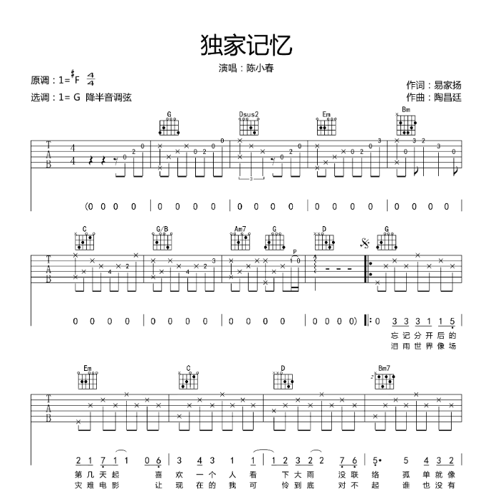 《独家记忆吉他谱》_陈小春_G调_吉他图片谱6张 图1