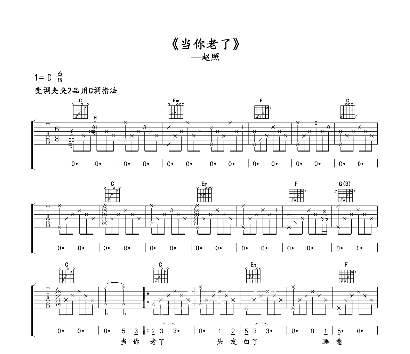 《当你老了吉他谱》_赵照_D调_吉他图片谱6张 图1