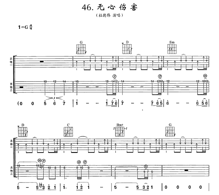 《无心伤害》 吉他谱 杜德伟 吉他图片谱6张
