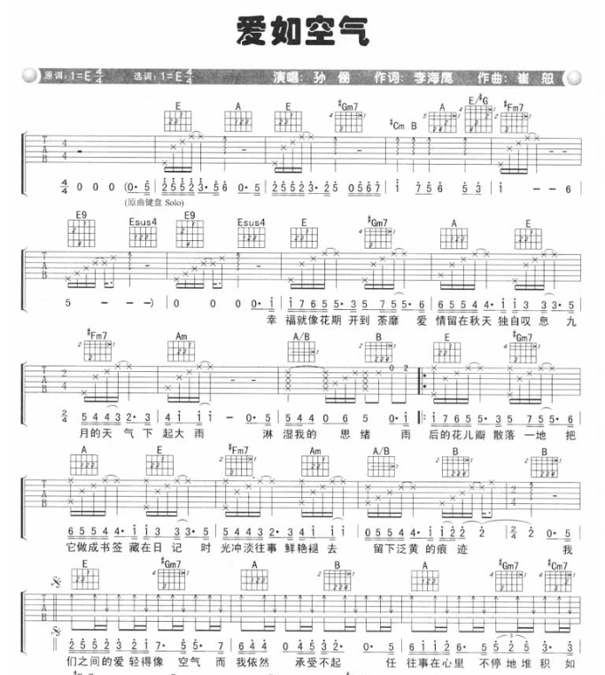 《爱如空气吉他谱》_孙俪_E调_吉他图片谱2张 图1