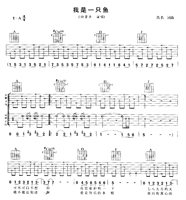 《我是一只鱼吉他谱》_任贤齐_吉他图片谱3张 图1