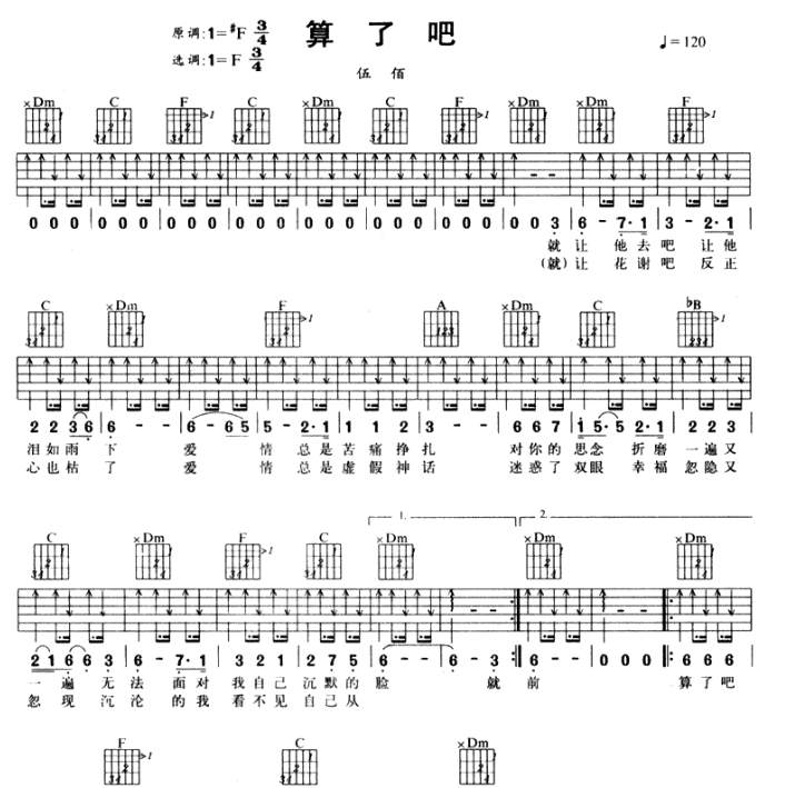 《算了吧吉他谱》_伍佰_扫弦谱_F调_吉他图片谱3张 图1