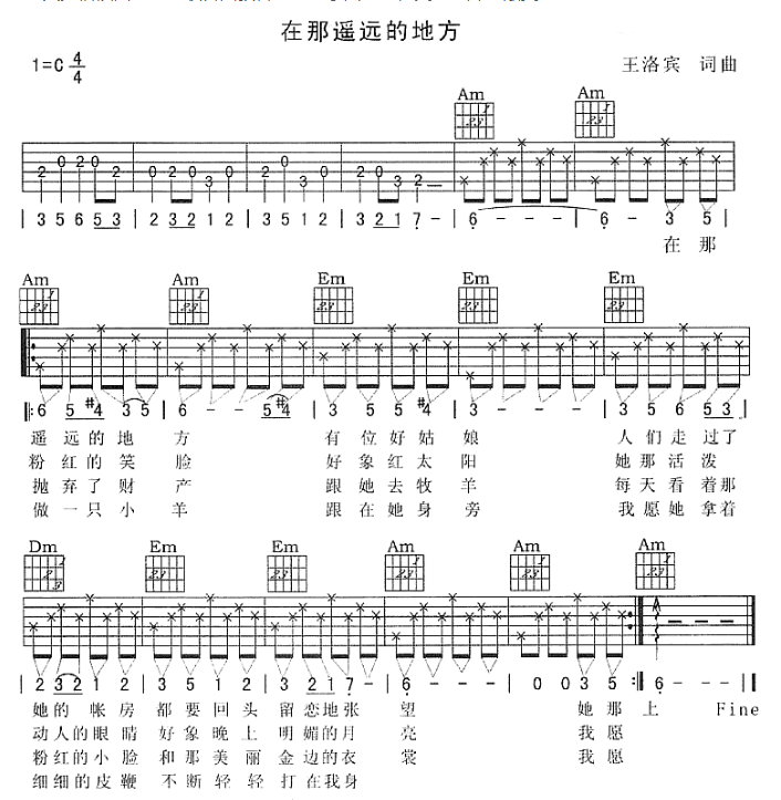 《在那遥远的地方吉他谱》_天使合唱团_C调_吉他图片谱1张 图1