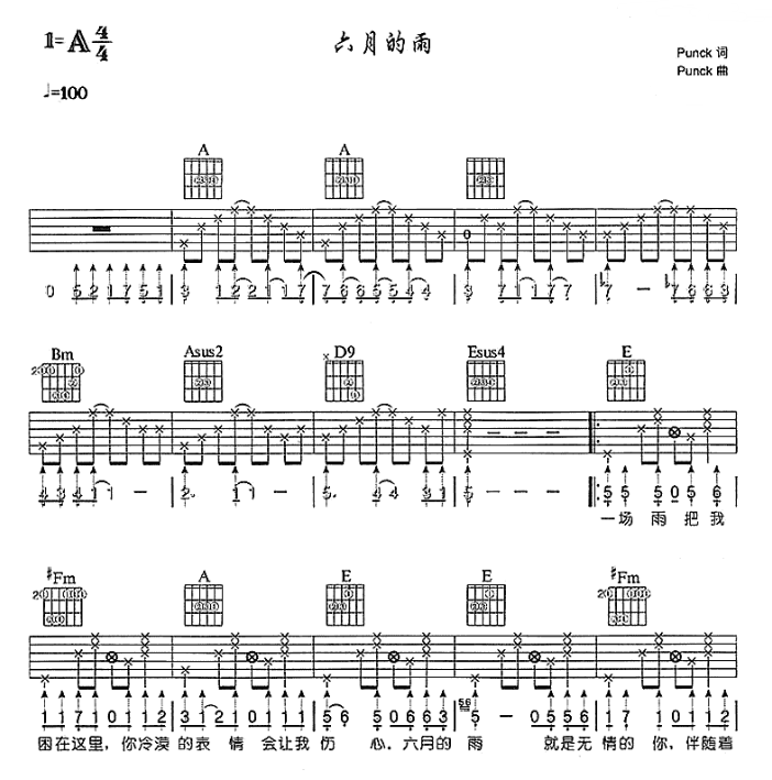 《六月的雨吉他谱》_胡歌_A调_吉他图片谱4张 图1