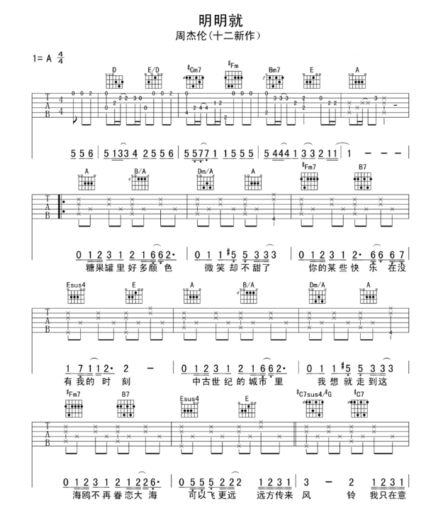 《明明就吉他谱》_周杰伦_A调_吉他图片谱3张 图1