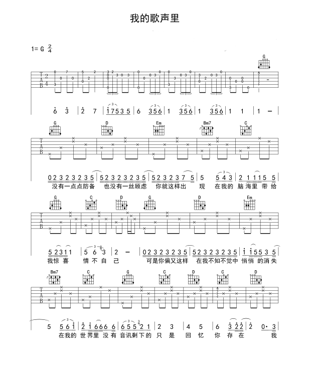 《我的歌声里吉他谱》_黄小琥_G调_吉他图片谱4张 图1