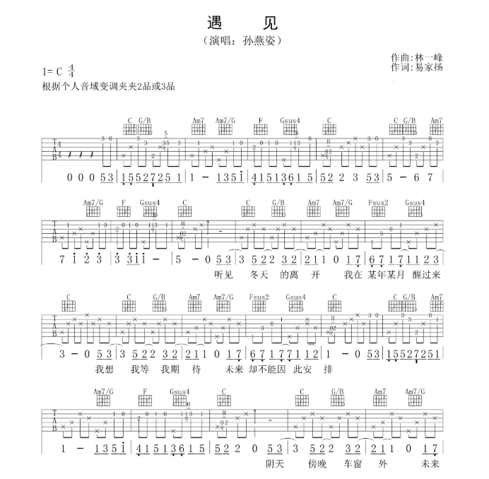 《遇见吉他谱》_Mike劉凱_C调_吉他图片谱3张 图1