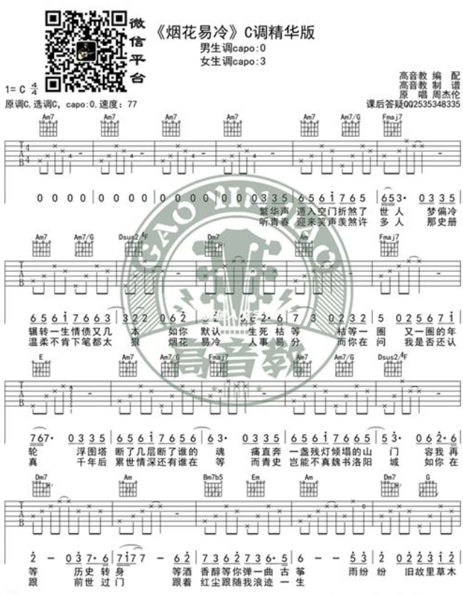 《烟花易冷吉他谱》_The Royal Beethoven Orchestra_C调_吉他图片谱2张 图1