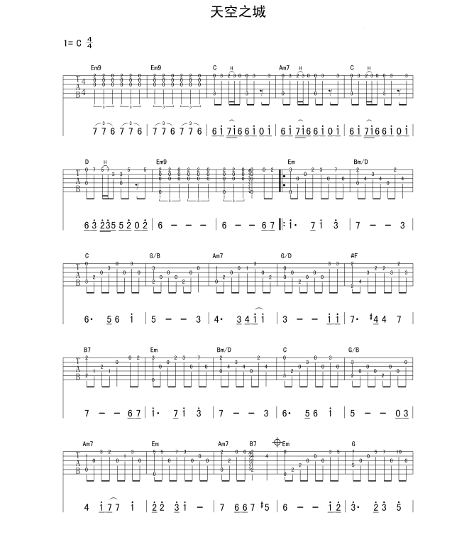 《天空之城吉他谱》_久石譲_C调_吉他图片谱2张 图1