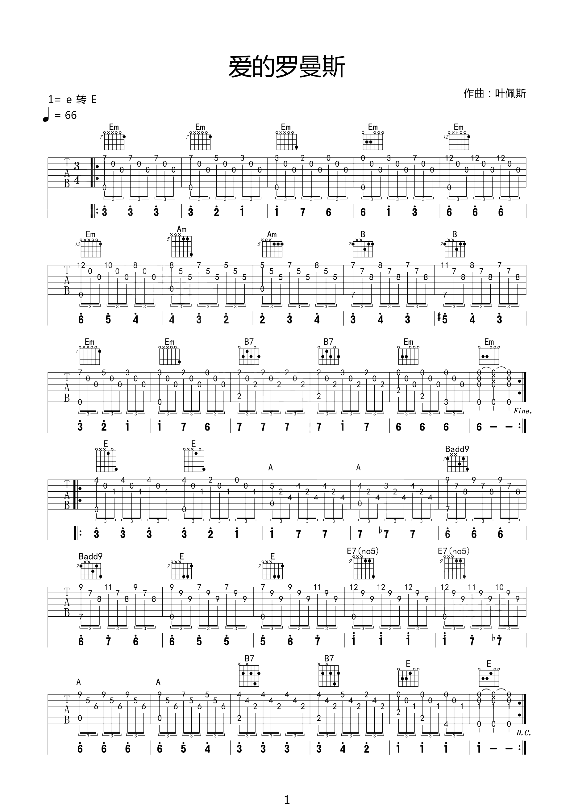 《爱的罗曼史吉他谱》_Antonio de Lucena_E调_吉他图片谱1张 图1
