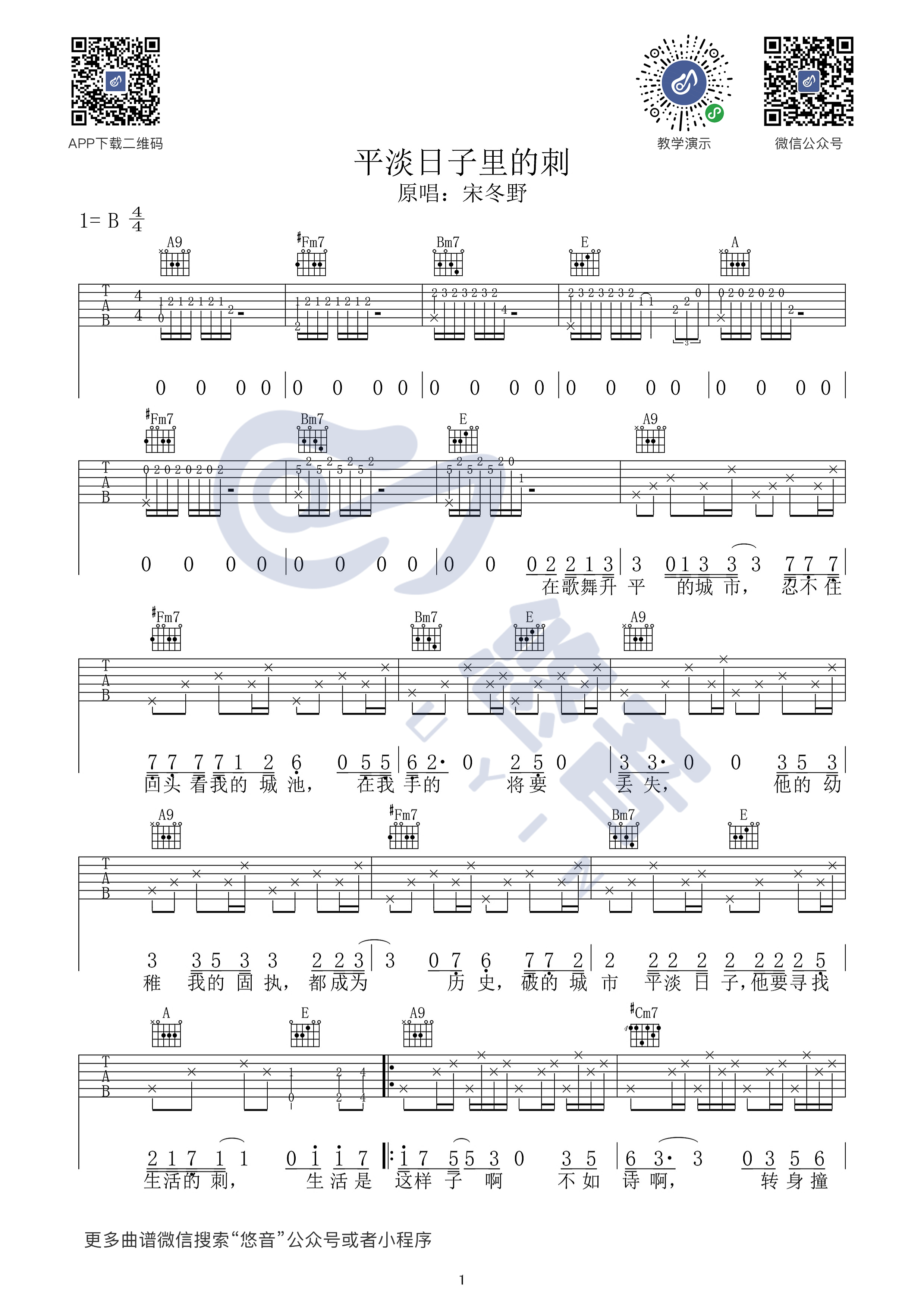 《平淡日子里的刺吉他谱》_宋冬野_B调_吉他图片谱3张 图1